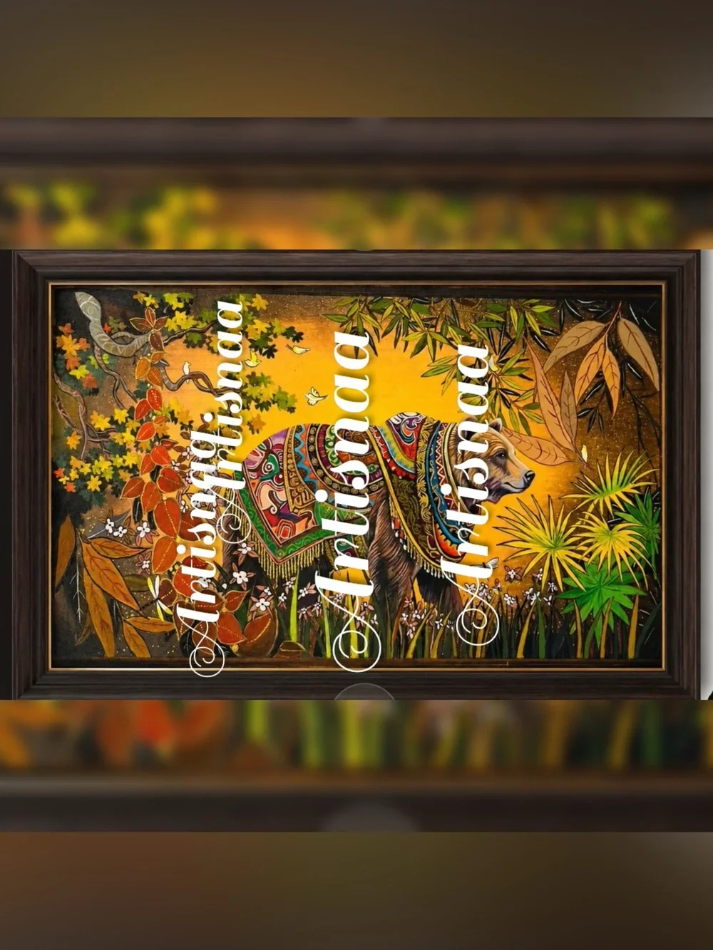 Vibrant Bear original Art painting on canvas in Yellow & Multicolor-Size 17x29